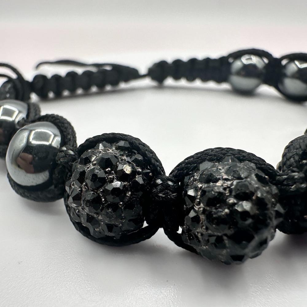 Vintage 90s Disco Ball Rhinestone Beaded Shamballa Macrame Cord Bracelet Jewelry